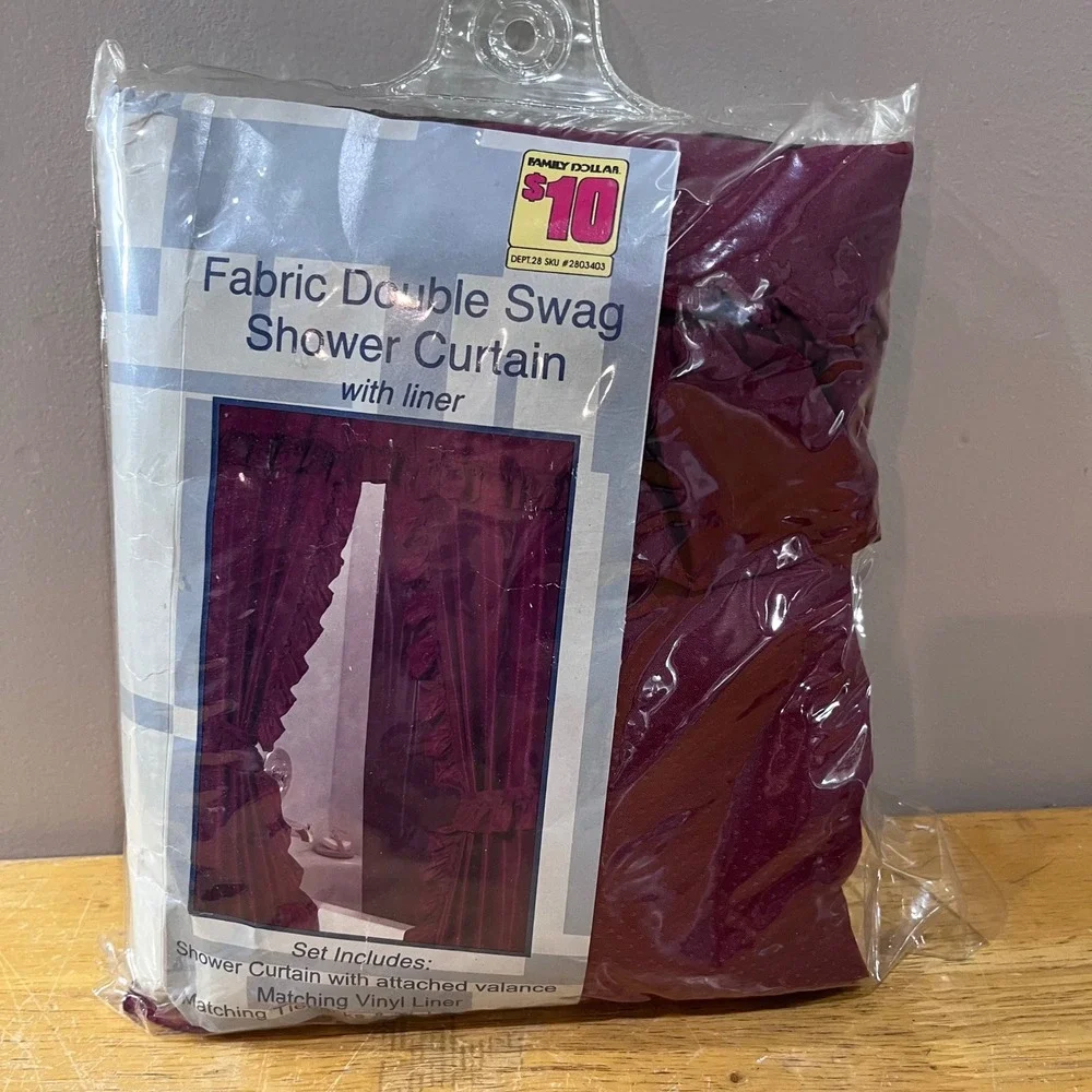 Vtg Style Burgundy Fabric Double Swag Shower Curtain Set Valance Liner 70x72